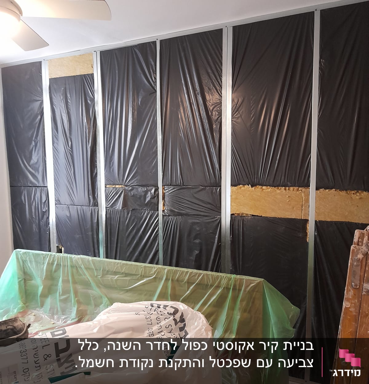 קיר עם לוחות גבס מכוסים ביריעות פלסטיק שחורות